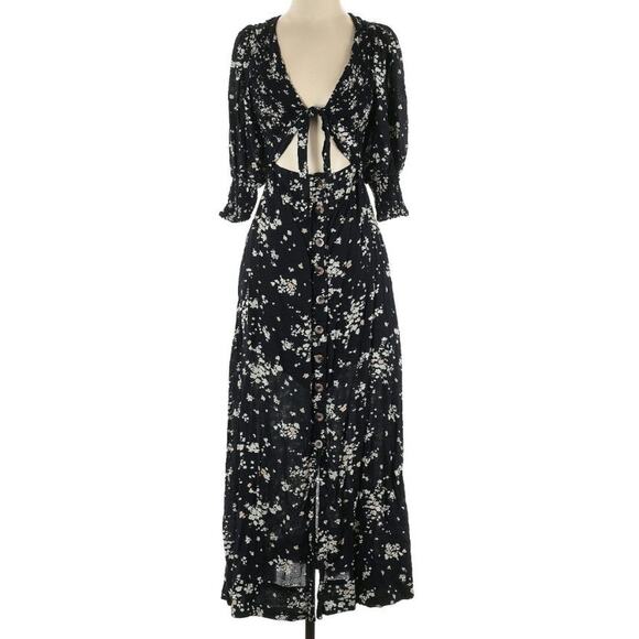 Free People String of Hearts Black Floral Midi Cutout Dress - Picture 2 of 6